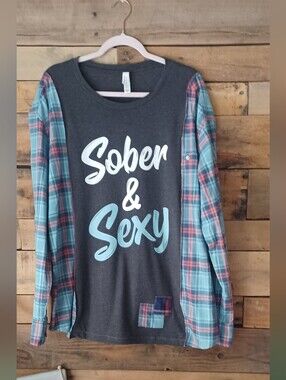 Upcycled Bella Canvas Gray Long Sleeve Tee with Blue and Pink Plaid Sleeves